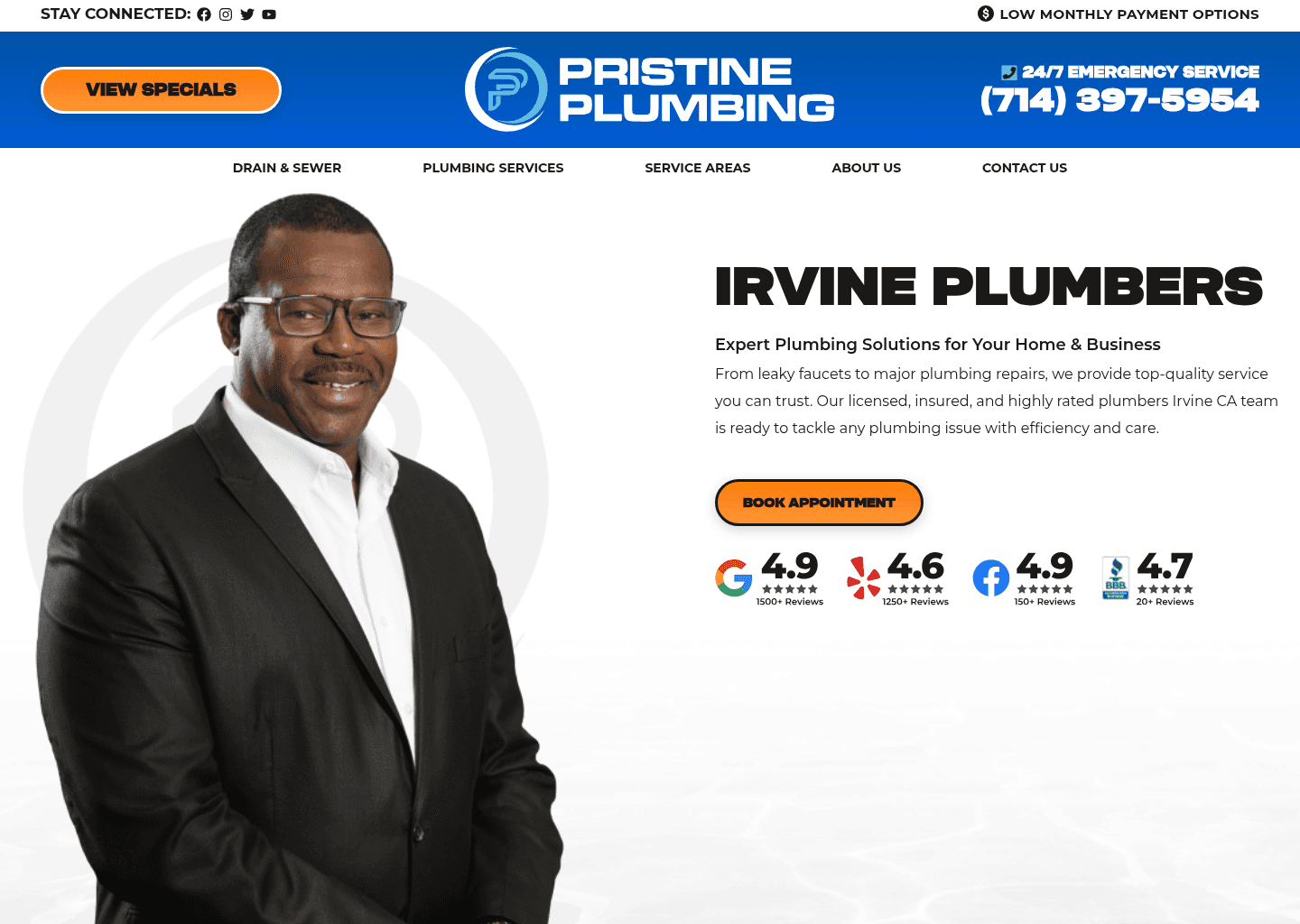 Pristine Plumbing Inc website screenshot