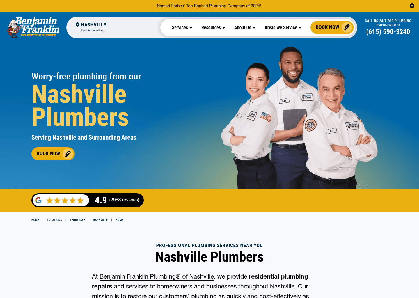 Benjamin Franklin Plumbing of Nashville website screenshot