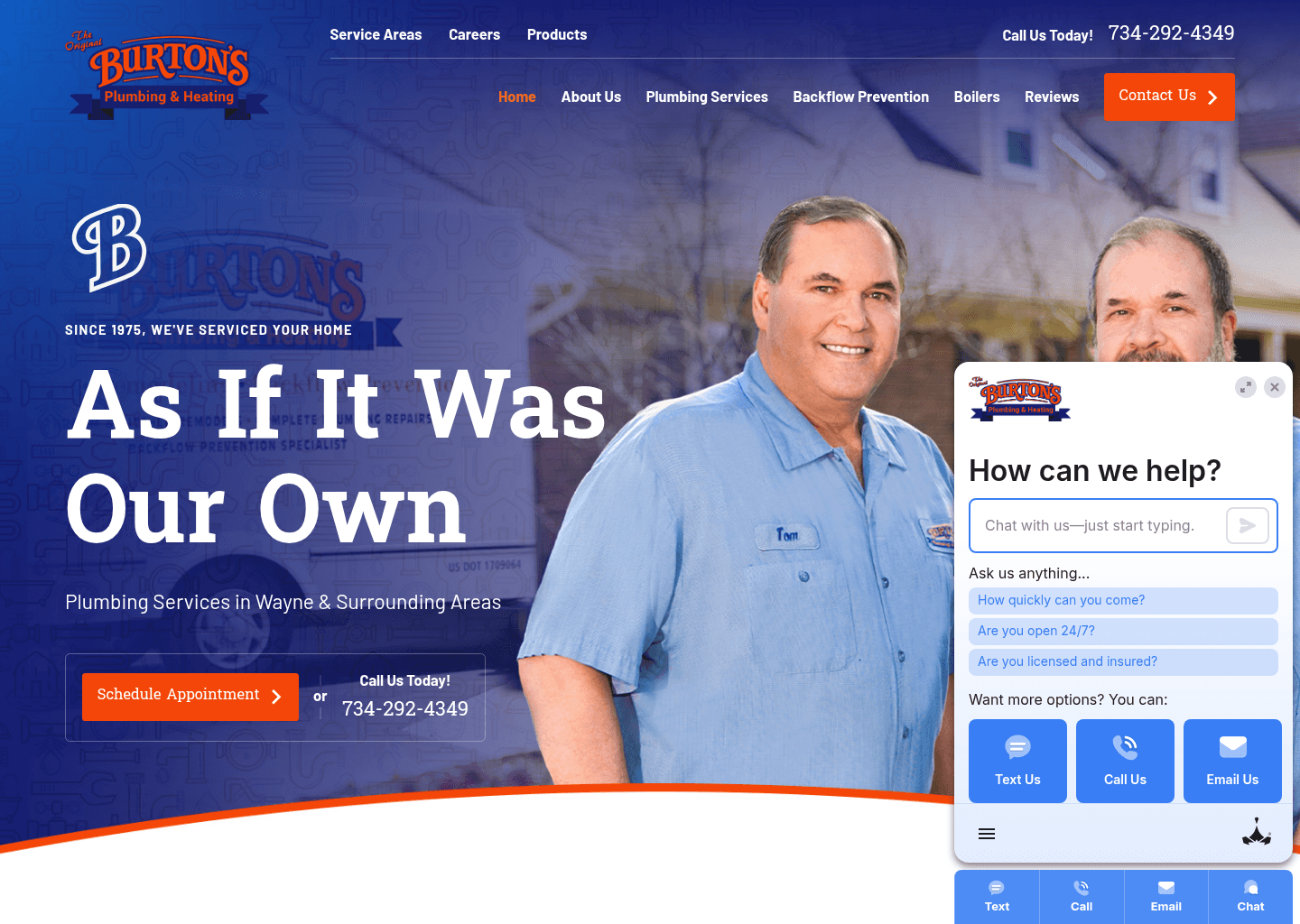 Burton's Plumbing & Heating website screenshot